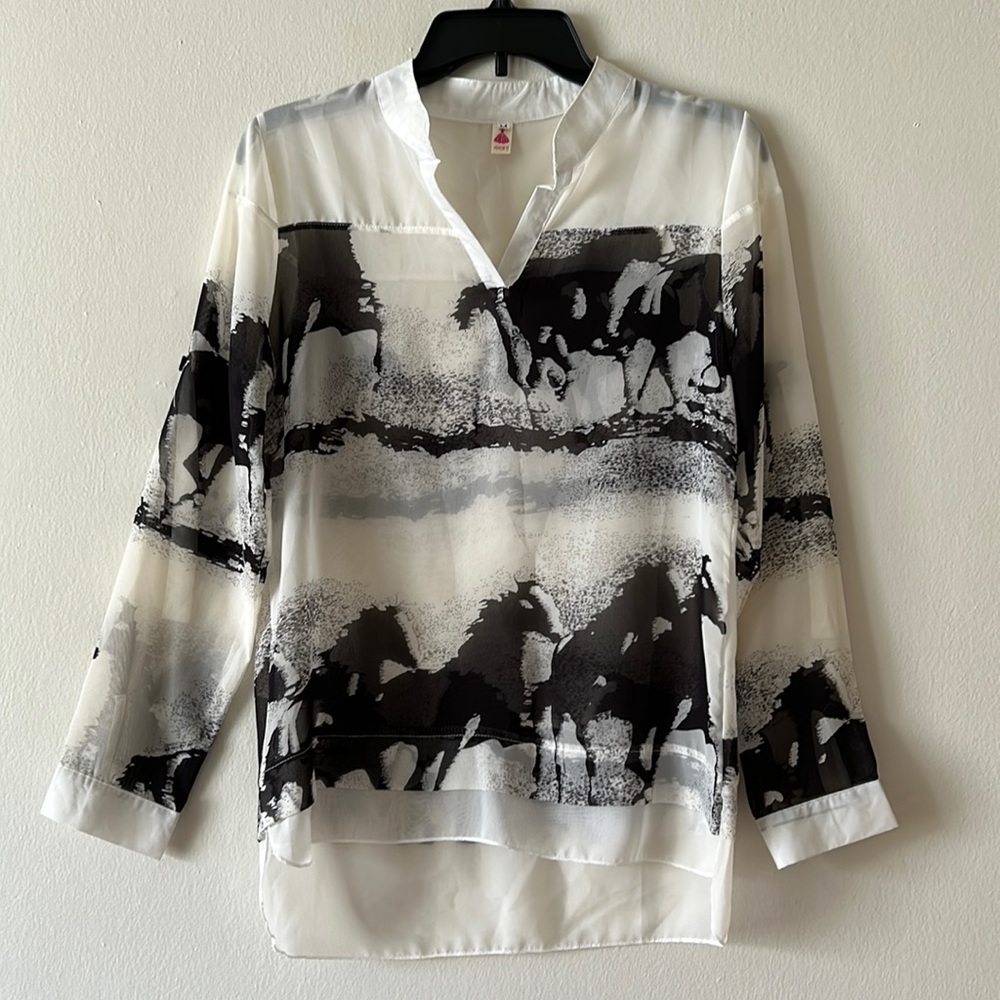 Sheer Black & White Abstract V-Neck Blouse